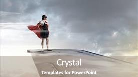  Presentation with super kid - PPT theme with powerful super hero kid girl standing on wing of flying airplane background and a gray colored foreground