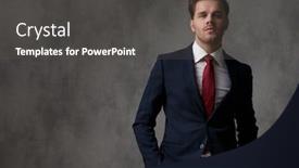  Presentation with powerful - Colorful slide deck enhanced with powerful young businessman holding both hands in his pockets while wearing a blue suit and standing on gray wallpaper studio background backdrop and a dark gray colored foreground
