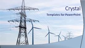  Presentation with wind turbines - Audience pleasing presentation theme consisting of powerlines and wind turbines backdrop and a sky blue colored foreground