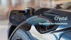  Presentation with fuel station - PPT theme enhanced with powerplug - closeup of power supply plugged background and a ocean colored foreground