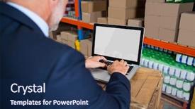  Presentation with computer - PPT theme featuring ppt - business man posing typing background and a navy blue colored foreground