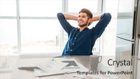  Presentation with home documents - Presentation theme consisting of ppt - cheerful young man sitting background and a light gray colored foreground