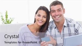  Presentation with online shopping - PPT theme having ppt - portrait of happy couple shopping background and a lemonade colored foreground