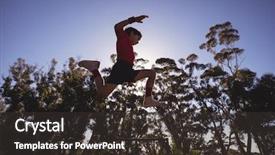  Presentation with boot camp - Slides having practice frame - determined boy jumping over obstacle background and a  colored foreground