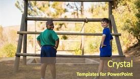  Presentation with obstacle course - Slides featuring practice frame - portrait of happy boys standing background and a violet colored foreground