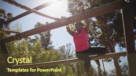  Presentation with obstacle course - PPT theme having practice frame - woman exercising on outdoor equipment background and a  colored foreground
