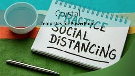  Presentation with infection control - Amazing slide deck having practice-social-distancing-advice backdrop and a teal colored foreground