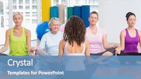  Presentation with big group people - Slide deck consisting of practicing lotus position in yoga background and a teal colored foreground