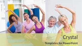  Presentation with exercise class - Beautiful PPT theme featuring practicing stretching exercise in gym backdrop and a yellow colored foreground
