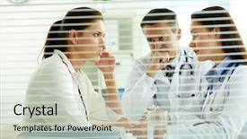  Presentation with medical training in patient care - Cool new slide deck with practitioners consulting patient in medical backdrop and a light gray colored foreground