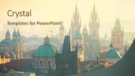  Presentation with european church - PPT theme featuring prague landmarks at early background and a cream colored foreground