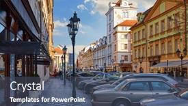  Presentation with houses cars - PPT theme featuring prague-street-with-old-houses background and a ocean colored foreground