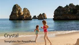  Presentation with children running - PPT theme consisting of praia da boneca lagos portugal background and a coral colored foreground