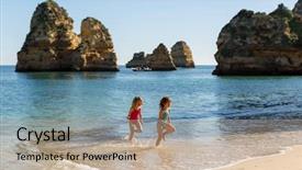  Presentation with children running - Beautiful PPT layouts featuring praia da boneca lagos portugal backdrop and a mint green colored foreground