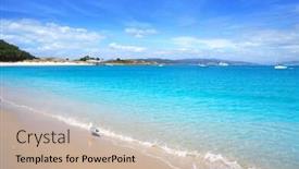  Presentation with beach litter - Colorful presentation design enhanced with praia de rodas beach in islas cies island of vigo at spain backdrop and a soft green colored foreground
