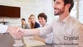  Presentation with praise - Slide set consisting of praise thankfulness - businessman congratulates with handshake another background and a soft green colored foreground