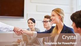  Presentation with congratulations - Beautiful slide set featuring praise thankfulness - congratulations handshake between business people backdrop and a coral colored foreground