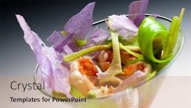  Presentation with goblet - Audience pleasing presentation theme consisting of prawn cocktail served in a crystal goblet backdrop and a coral colored foreground