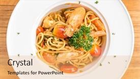  Presentation with pasta sauce - Colorful presentation enhanced with prawn pasta with lobster bisque sauce backdrop and a yellow colored foreground