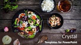  Presentation with prawn - Colorful slide set enhanced with prawn-salad-with-white-rice backdrop and a tawny brown colored foreground