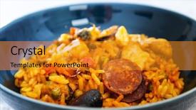  Presentation with spanish food - Cool new PPT theme with prawn with rice - closeup backdrop and a gold colored foreground