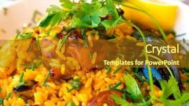  Presentation with spanish food - Beautiful PPT layouts featuring prawn with rice - closeup backdrop and a  colored foreground
