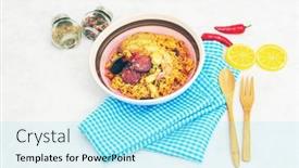  Presentation with spanish food - Beautiful theme featuring prawn-with-rice-close-up backdrop and a arctic colored foreground