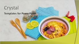  Presentation with spanish food - Slide deck featuring prawn-with-rice-close-up background and a light gray colored foreground