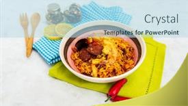  Presentation with spanish food - Theme with prawn-with-rice-close-up background and a light blue colored foreground