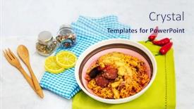  Presentation with spanish food - PPT layouts featuring prawn-with-rice-close-up background and a sky blue colored foreground