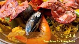  Presentation with spanish food - Amazing slide deck having prawn with rice - closeup of prawn with rice - traditionnal spanish food paella backdrop and a tawny brown colored foreground