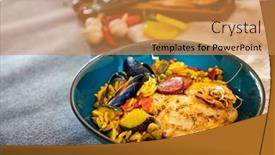  Presentation with spanish food - Audience pleasing slide deck consisting of prawn with rice - closeup of prawn with rice - traditionnal spanish food paella backdrop and a gold colored foreground