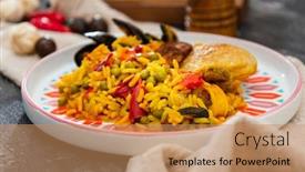  Presentation with spanish food - Slide deck having prawn with rice - closeup of prawn with rice - traditionnal spanish food paella background and a coral colored foreground