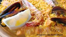  Presentation with spanish food - Audience pleasing PPT layouts consisting of prawn-with-rice-closeup backdrop and a gold colored foreground