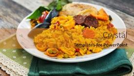  Presentation with spanish food - Cool new PPT theme with prawn-with-rice-closeup backdrop and a gold colored foreground