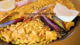  Presentation with spanish food - Colorful presentation enhanced with prawn-with-rice-closeup backdrop and a gold colored foreground