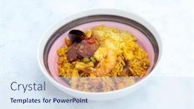  Presentation with spanish food - Amazing slide set having prawn-with-rice-closeup backdrop and a sky blue colored foreground