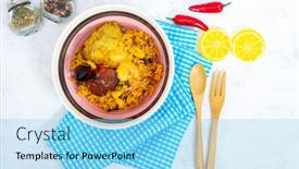  Presentation with spanish food - Slide set with prawn-with-rice-closeup background and a light blue colored foreground