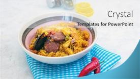  Presentation with spanish food - Colorful presentation design enhanced with prawn-with-rice-closeup backdrop and a white colored foreground