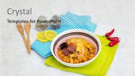  Presentation with spanish food - Presentation theme featuring prawn-with-rice-closeup background and a light gray colored foreground