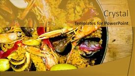  Presentation with spanish food - Slides with prawn with rice - closeup of prawn with rice - traditionnal spanish food paella background and a gold colored foreground
