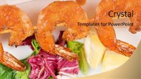  Presentation with kebab - Presentation design enhanced with prawns fish - fried kebab of shrimps background and a gold colored foreground