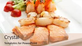  Presentation with foods - Presentation featuring prawns fish - grilled foods - seafood background and a  colored foreground