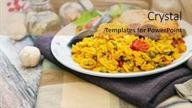  Presentation with spanish food - Amazing PPT theme having prawns fish - prawn with rice - closeup backdrop and a yellow colored foreground