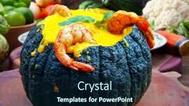  Presentation with milk coconut - Slide deck featuring prawns-in-pumpkin-camarao-na background and a navy blue colored foreground