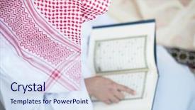  Presentation with muslim - Amazing PPT theme having prayer - young arabic muslim man reading backdrop and a sky blue colored foreground