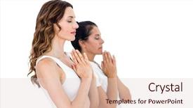  Presentation with yoga - Presentation design featuring prayer hands - relaxed women doing yoga background and a  colored foreground
