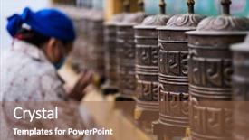  Presentation with stupa - Theme enhanced with prayer wheels and woman who background and a tawny brown colored foreground