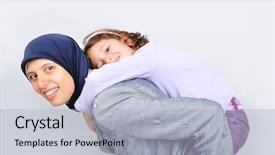  Presentation with young children playing multicultural - Audience pleasing slides consisting of praying mom - muslim young woman playing backdrop and a light blue colored foreground