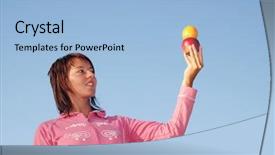  Presentation with diet low carb concept healthy - Colorful PPT theme enhanced with praying win - young woman balancing fruits backdrop and a  colored foreground